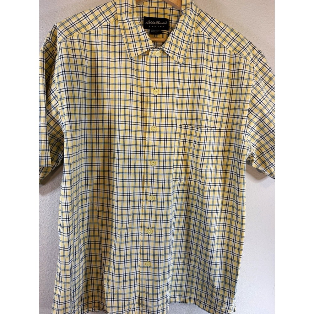 Eddie Bauer Mens M Regular Fit Cotton Woven Plaid Short Sleeve Shirt Yellow